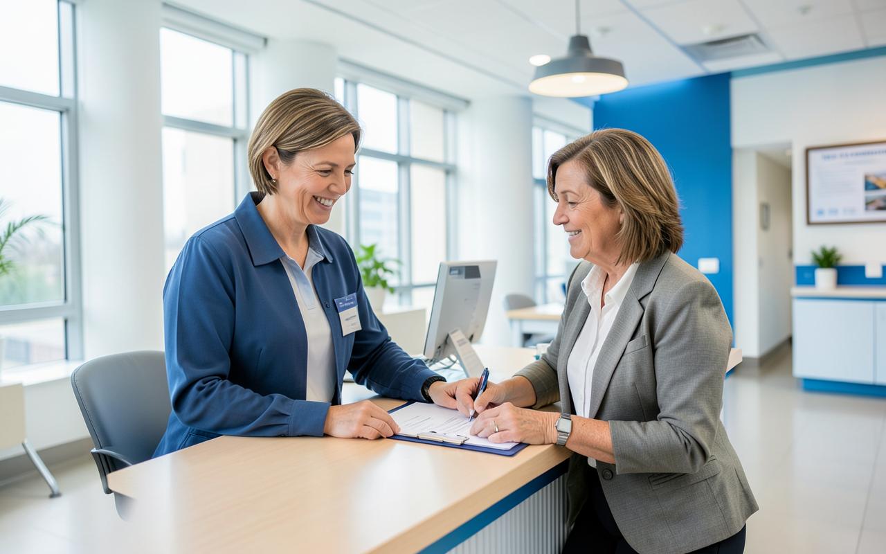 A patient services coordinator helps a woman complete paperwork at a bright clinic reception desk.