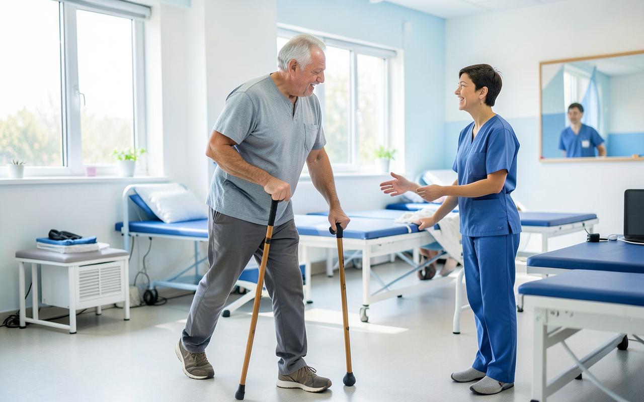 A man using walking canes practices mobility with an encouraging therapist in a rehabilitation room.
