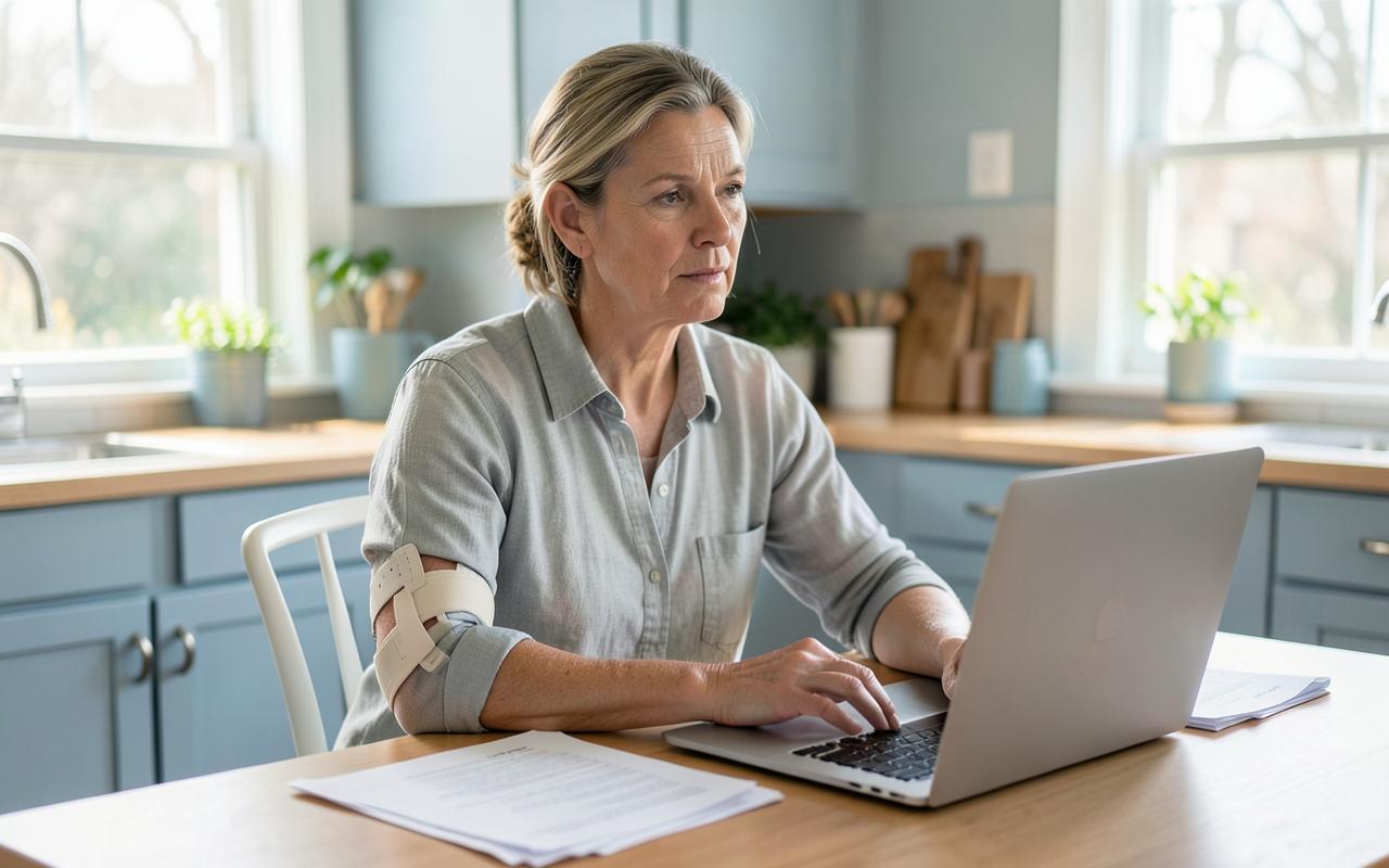 A woman with her arm in a brace reviews household paperwork at a sunlit kitchen table.