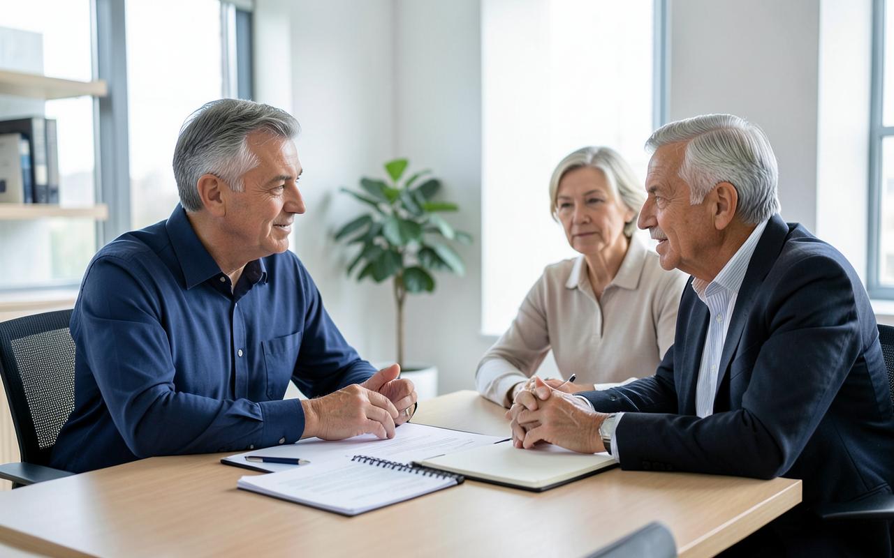 An advisor calmly explains documents across a table to an attentive couple in a quiet office.
