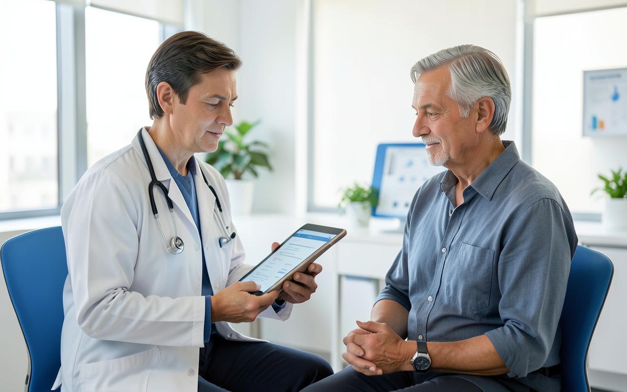 A doctor reviews a treatment plan on a tablet with a seated patient in a bright clinic.