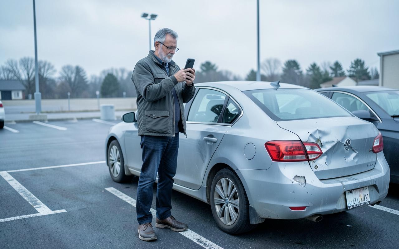A man photographs damage to the rear panel of his sedan in a quiet daylight parking area.